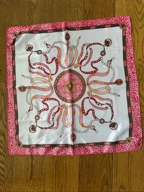 Pink and White Decorative Silk-Feel Square Scarf
